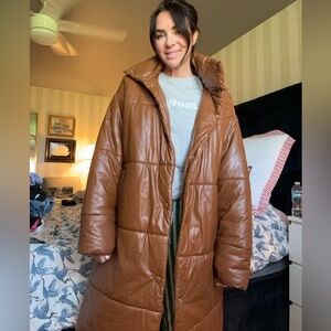 Brown pleather puffer coat